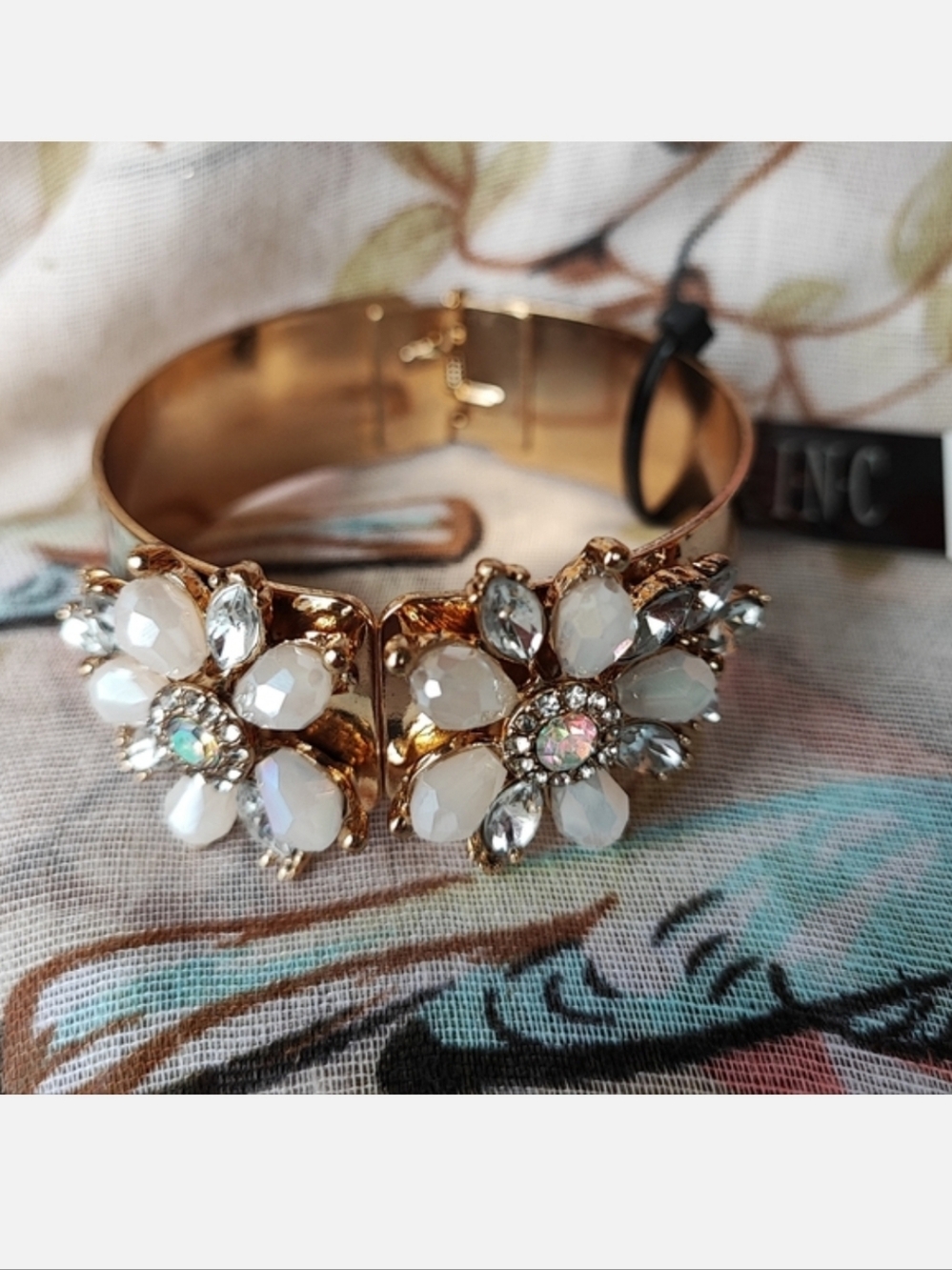 INC Brand Shiny Gold Tone Clamper Bracelet Milky Pink Clear Marquis Stones NWT